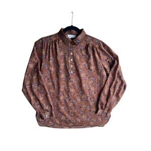 Vintage Women's Blouse Long Sleeve 100% Polyester Floral Brown Size Medium